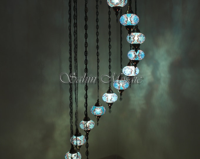 15 Ball Turkish  Mosaic Chandelier, Large Globes, Light Blue