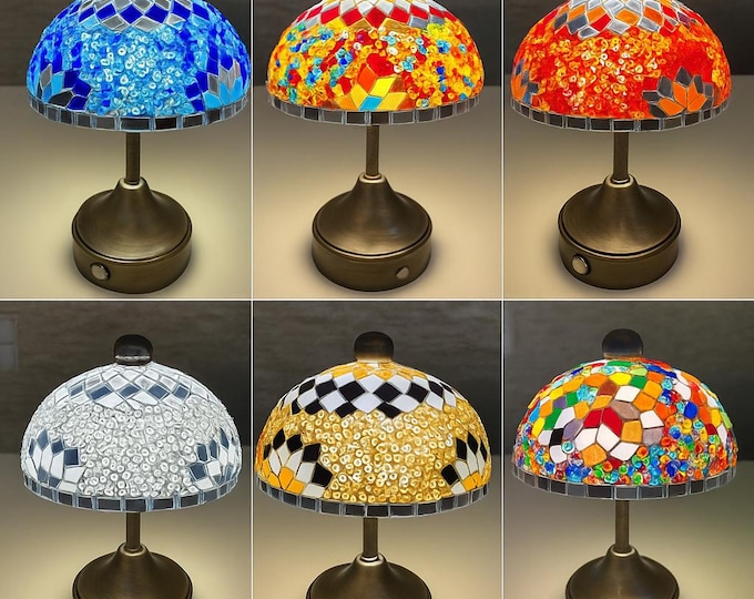 Handmade Turkish Mosaic Mushroom Table Lamp – Rechargeable, Cordles