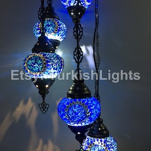 5 Ball Turkish  Mosaic Chandelier Blue Sunflower