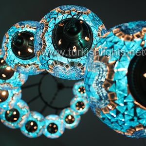 11 Ball Turkish  Mosaic Chandelier, Large Globes , Light Blue/ turquoise