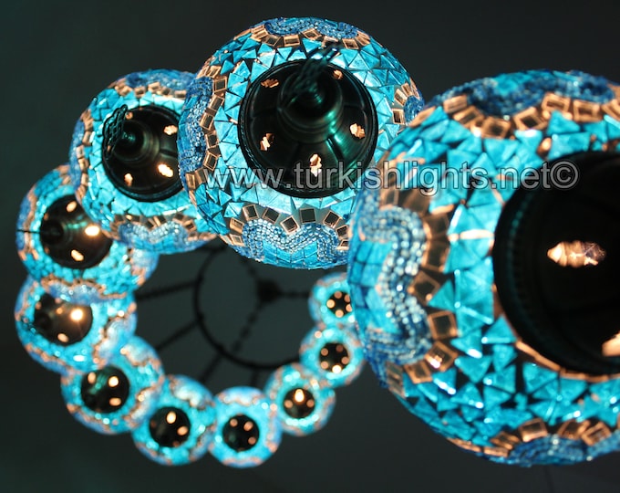 11 Ball Turkish  Mosaic Chandelier, Large Globes , Light Blue/ turquoise