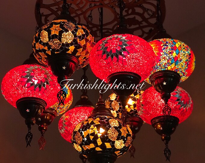 9-BALL Turkish Sultan Mosaic Chandelier With (LARGE) Globe, ID:161