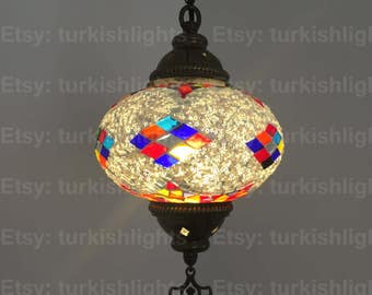 Turkish Mosaic Single Hanging Lamp,  Large Globe, Turkish Mosaic Lantern