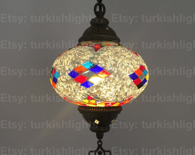 Turkish Mosaic Single Hanging Lamp,  Large Globe, Turkish Mosaic Lantern