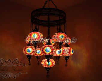 11 Ball Turkish  SULTAN Mosaic Chandelier, Large Globes