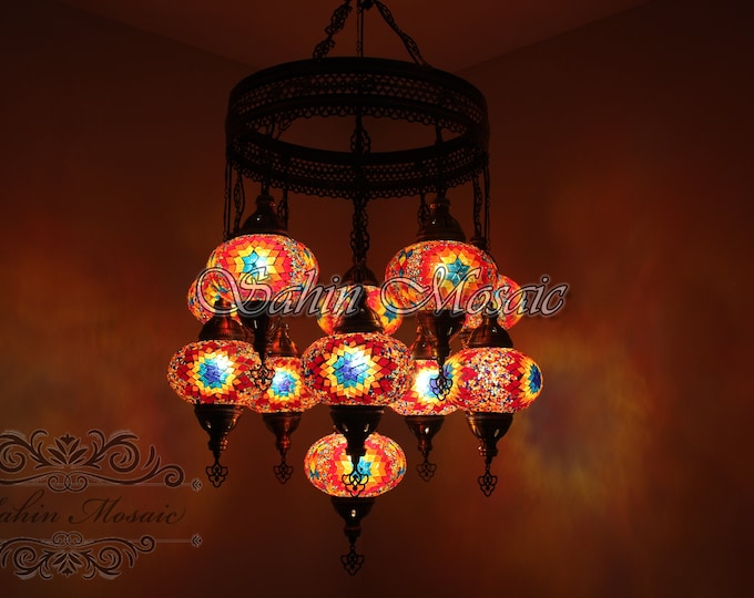 11 Ball Turkish  SULTAN Mosaic Chandelier, Large Globes