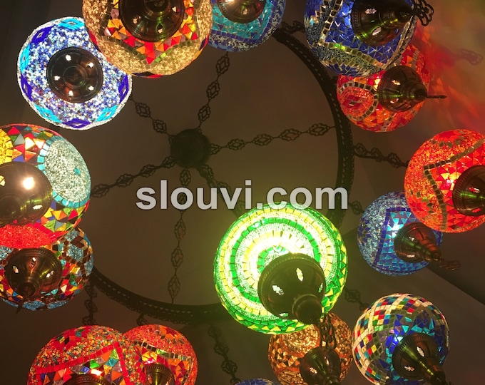 15 Ball Turkish  SULTAN Mosaic Chandelier, LARGE GLOBES