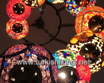 9 Ball Turkish  Mosaic Chandelier, LARGE , SOFT MIX