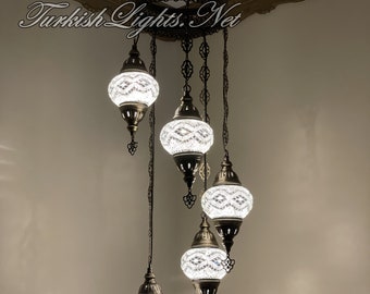 Handmade Turkish Mosaic Chandelier Lamp: 5 Globe Hanging Lantern