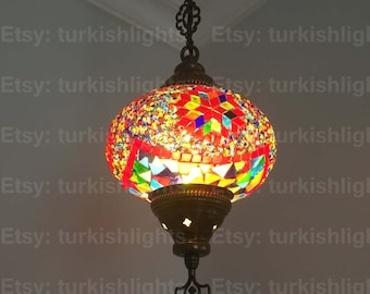 Turkish Mosaic Single Hanging Lamp,  Large Globe, Turkish Mosaic Lantern