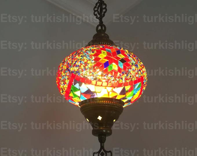 Turkish Mosaic Single Hanging Lamp,  Large Globe, Turkish Mosaic Lantern