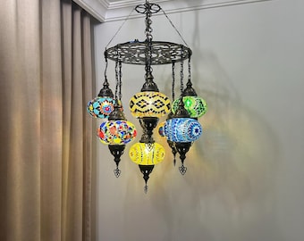 9-Ball Turkish Sultan Mosaic Chandelier - Handmade Large Globes | ID: 9LZL-D