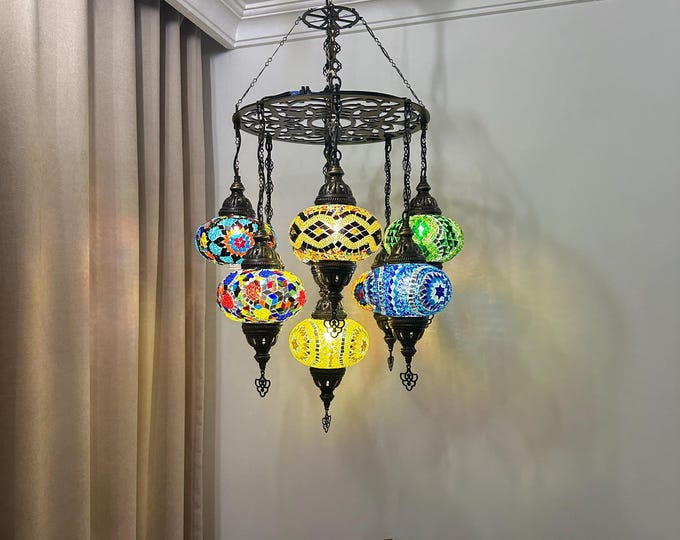 9-Ball Turkish Sultan Mosaic Chandelier - Handmade Large Globes | ID: 9LZL-D