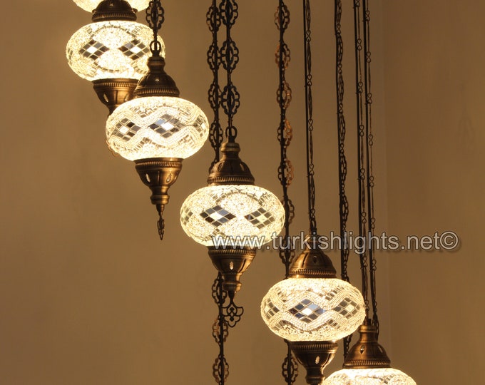 11 Ball Turkish  Mosaic Chandelier, LARGE GLOBES, WHITE