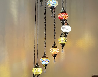 Handmade Turkish Mosaic Chandelier Lamp, 9 Globe Pendant Light