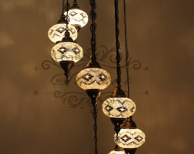 8 - Ball Turkish  Water Drop Style  Mosaic Chandelier with Large Globes
