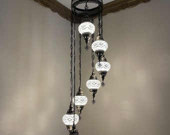 Handmade Turkish Mosaic Chandelier Lamp, 7 Globe Hanging Light