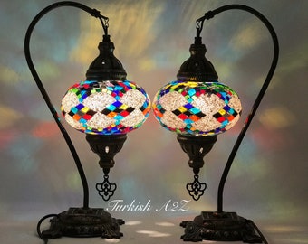 Pair Of Swan Neck Mosaic Table LAMP, Large Globe, ID:150