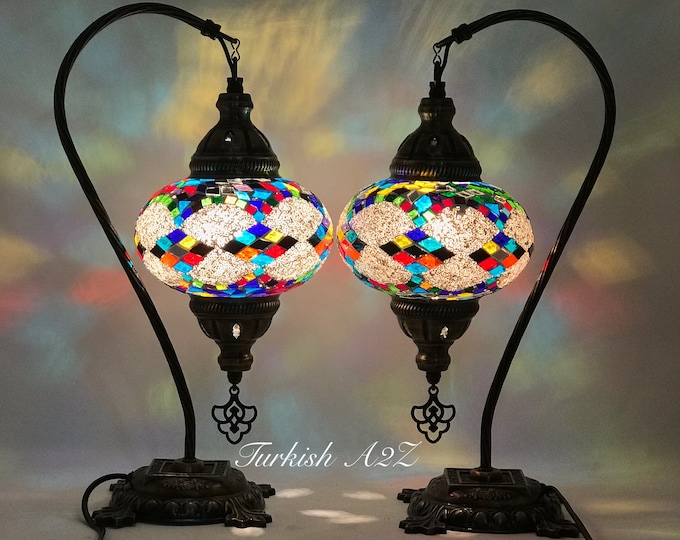 Pair Of Swan Neck Mosaic Table LAMP, Large Globe, ID:150