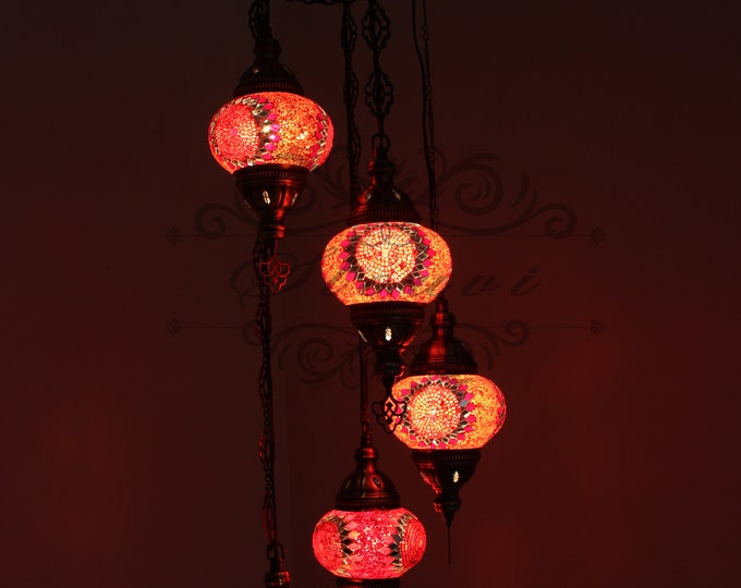 5 Ball Turkish  Mosaic Chandelier with Medium Globes