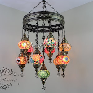 11 Ball Turkish Lamp, Morocco Lamp, Morocco Lantern, Turkish Sultan Chandelier, Mosaic Chandelier, Chandelier, FREE SHIPPING