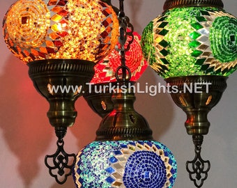 4-Ball Turkish  Sultan Mosaic Chandelier, Medium Globes