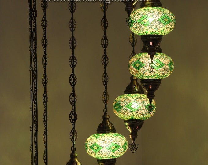 11 Ball Turkish  Mosaic Chandelier, LARGE GLOBES, GREEN