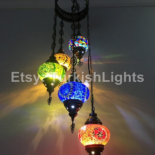 5 Ball Turkish  Mosaic Chandelier Mix Globes