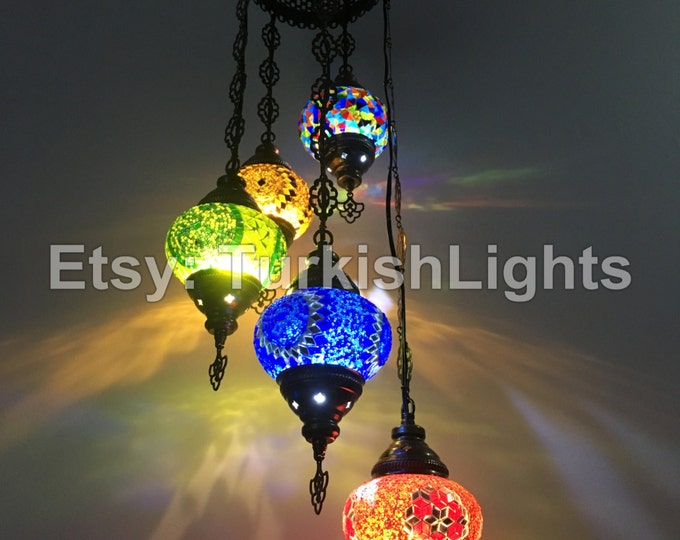 5- Ball Turkish  Mosaic Chandelier Mix Globes