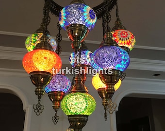 9 Ball Turkish  SULTAN Mosaic Chandelier with Medium Globes Multi-color