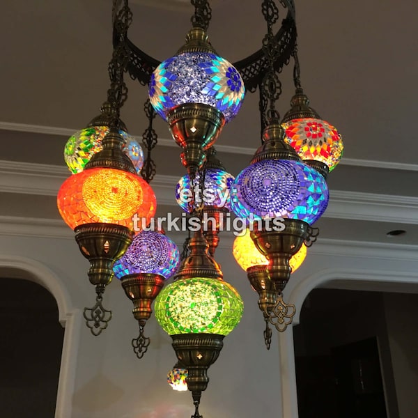 9 Ball Turkish  SULTAN Mosaic Chandelier with Medium Globes Multi-color