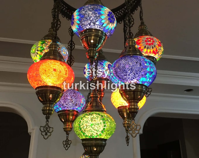 9 Ball Turkish  SULTAN Mosaic Chandelier with Medium Globes Multi-color
