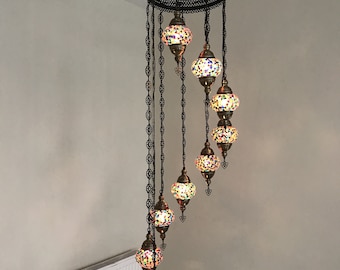9 Ball Turkish  Mosaic Chandelier, Multi-Color