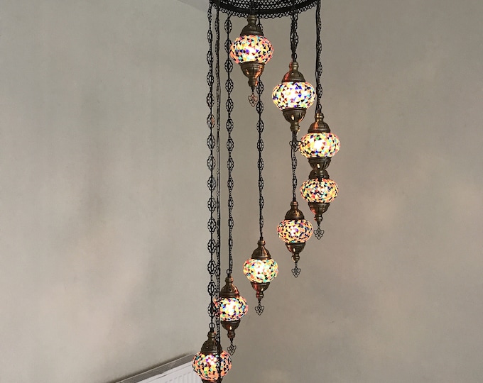 9 Ball Turkish  Mosaic Chandelier, Multi-Color