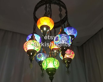 9 Ball Turkish  SULTAN Mosaic Chandelier Multi-color