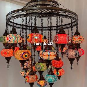 Turkish Mosaic Chandelier With 21 Medium Globes (with remote) ,ID: 142