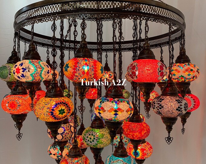 Turkish Mosaic Chandelier With 21 Medium Globes (with remote) ,ID: 142