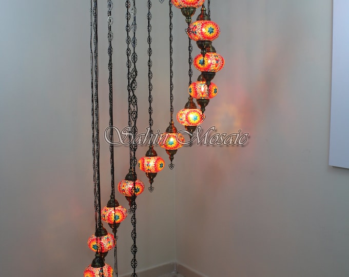 15 Ball Turkish  Mosaic Chandelier, Large Globes, Fire