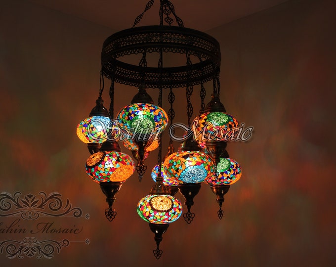 11 Ball Turkish  SULTAN Mosaic Chandelier, Large Globes