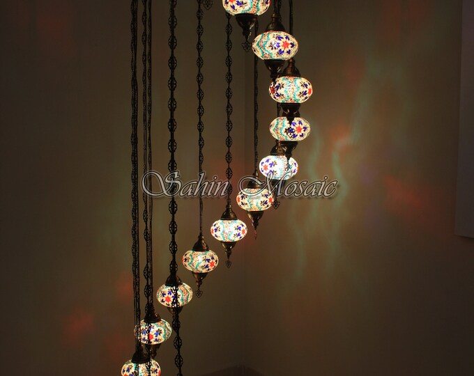 15 Ball Turkish  Mosaic Chandelier, Large Globes