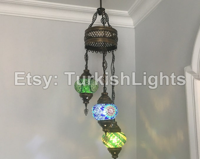 3 Ball Turkish  Mosaic Chandelier Mix Globes