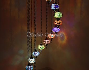 15 Ball Turkish  Mosaic Chandelier, Large Globes