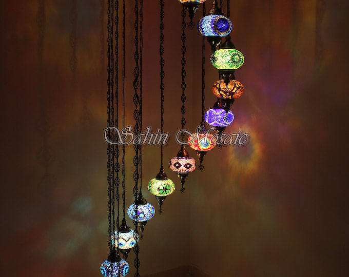 15 Ball Turkish  Mosaic Chandelier, Large Globes