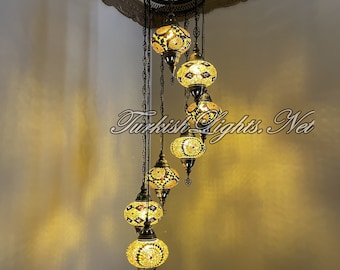 Handmade Turkish Mosaic Chandelier with 7 Globes