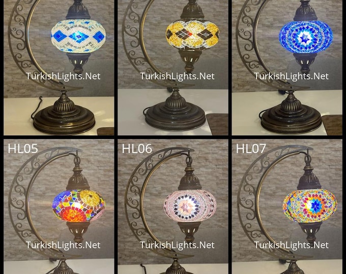 Crescent Moon Turkish Mosaic Table Lamp - Handcrafted Stained Glass Accent Light id: hilal