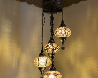 Handmade Turkish Mosaic Chandelier, 4-Globe Ceiling Light