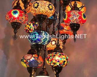 15- Ball Turkish  SULTAN Mosaic Chandelier with Large Globes Multi-color