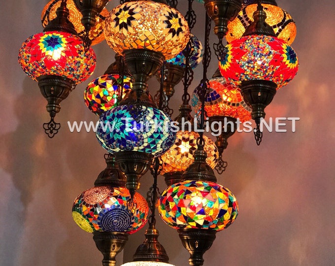 15- Ball Turkish  SULTAN Mosaic Chandelier with Large Globes Multi-color