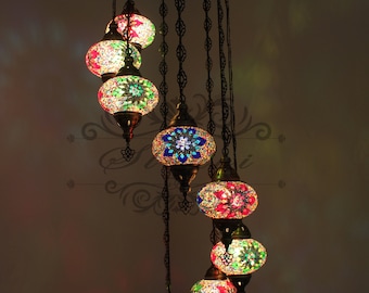 8 - Ball Turkish  Water Drop Style  Mosaic Chandelier with Large Globes