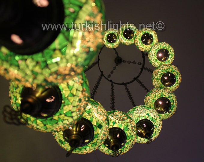 11 Ball Turkish  Mosaic Chandelier, Large Globes , Green